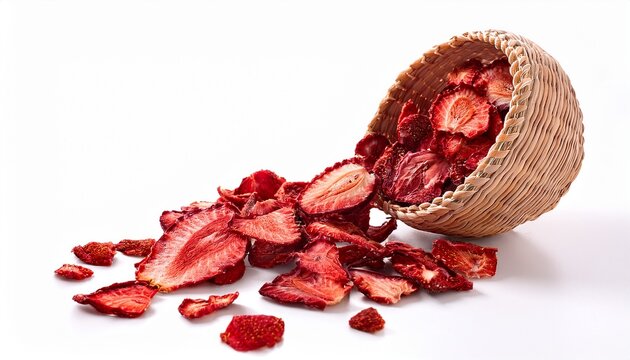 dried strawberry slices falling dehydrating red fruit healthy dieting snack food ingredient on white background