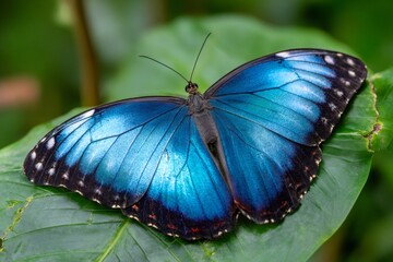 Blue morpho butterfly resting on green leaf