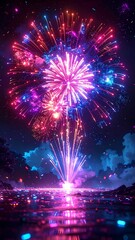 Vibrant fireworks burst over water, reflected in shimmering hues, against a backdrop of ethereal, glowing clouds