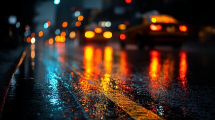 rainy city street at night with reflections