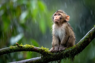 Fototapeta premium Baby macaque sitting during tropical rain looking up