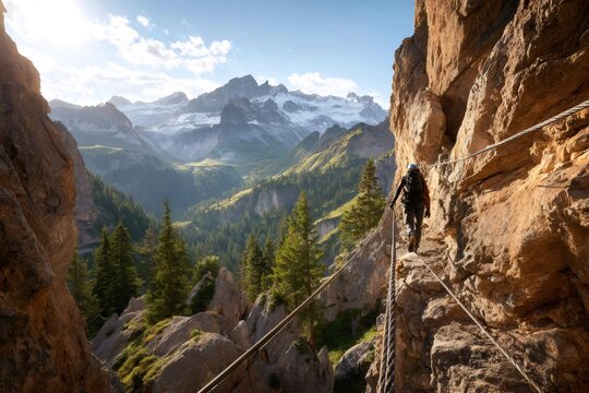Hiker traversing via ferrata in dolomiti mountains landscape