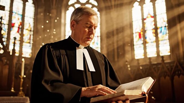 Clergyman reads from book in church with stained glass windows