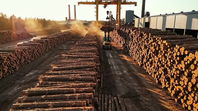 Massive Rows of Cut Timber Logs Awaiting Processing in a Busy Forestry Industrial Yard