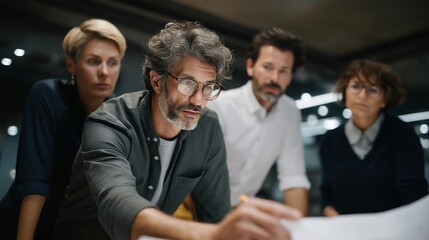 Obraz premium Dynamic team brainstorming session around a table filled with tax documents and VAT sheets, emphasizing collaboration. Warm lighting in a modern conference room enhances the focus on the diverse