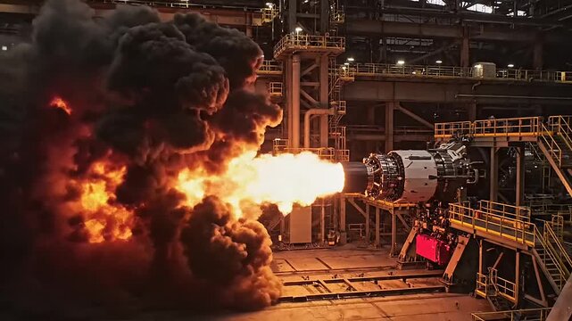 Powerful industrial engine undergoing a fiery combustion test, emitting immense flames and black smoke within a factory facility.