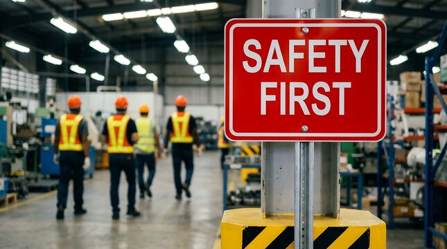 Red safety first sign prominently displayed in industrial warehouse with workers wearing hard hats and high visibility vests walking in the background workplace factory caution