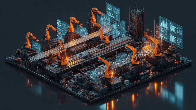 Industrial Factory 3D Rendering with Robotic Arms.