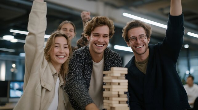 Innovative team-building activity featuring employees playfully knocking over collapsing dominos, fostering collaboration and creativity. A lively office environment with cheerful expressions,