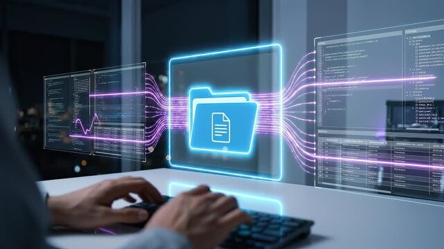 Neon file folder icon connected to streaming code and data panels over developer workstation, neon digital folder icon floating above desk with code windows and data panels as hands type keyboard