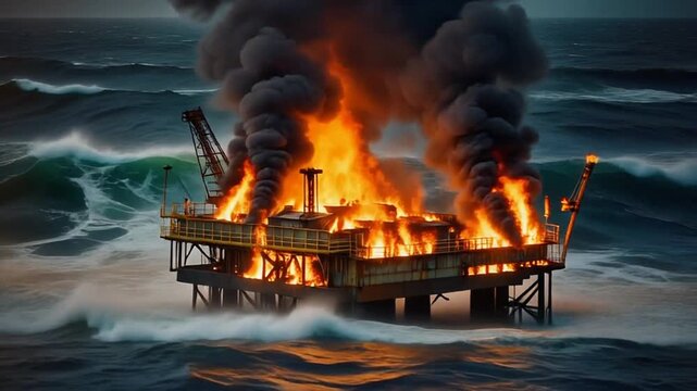 Offshore oil rig on fire in the ocean with dark smoke and waves