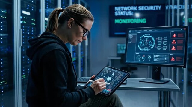 A focused female cybersecurity expert monitors network security status in a dimly lit server room surrounded by blinking lights and complex data displays