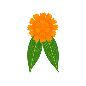 Orange marigold flower with green mango leaves illustration, traditional indian genda phool and toran element for hindu festival decoration 