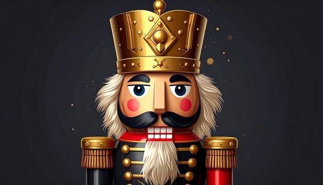 Majestic Nutcracker soldier, a vibrant digital illustration with a shining golden crown and ornate uniform, evoking festive holiday spirit and traditional Christmas elegance