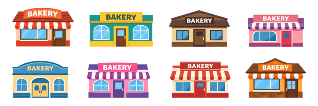 Bakery building collection in flat cartoon style featuring bakeries with awnings, warm color palettes, and friendly storefront designs for food concepts