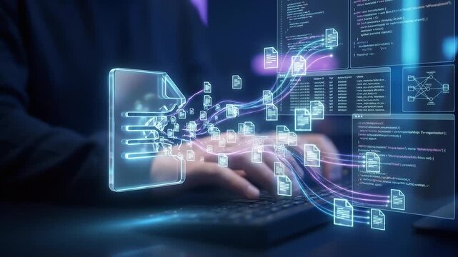 Digital document file transfer and cloud backup with glowing document icons, flowing data streams and code overlays conveying secure file synchronization, streaming document symbols from laptop into