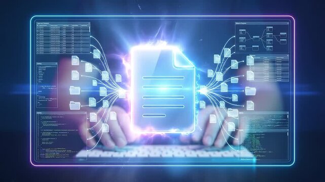 Neon document file and folder visualization with glowing connection network, code windows and keyboard interaction for secure data integration and transfer across interconnected files