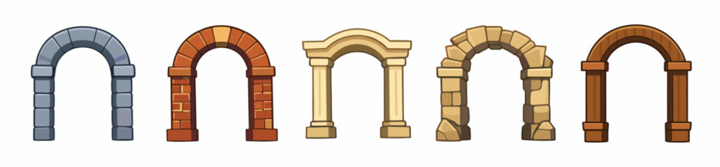 Obraz premium Arch entrance icon collection in cartoon style. Set of arch in different shape and color