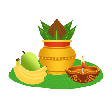 Traditional gold kalash with coconut, mango leaves, diya, bananas, green mango on banana leaf, illustration for diwali, ugadi and puja festivals