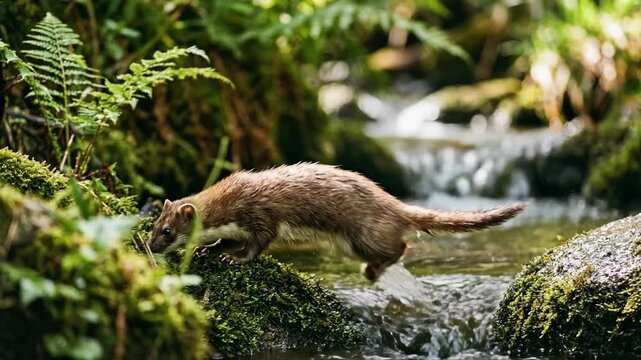 A small brown ermine scurries quickly across mossy rocks beside a flowing stream surrounded by lush green ferns and foliage in a vibrant natural forest setting