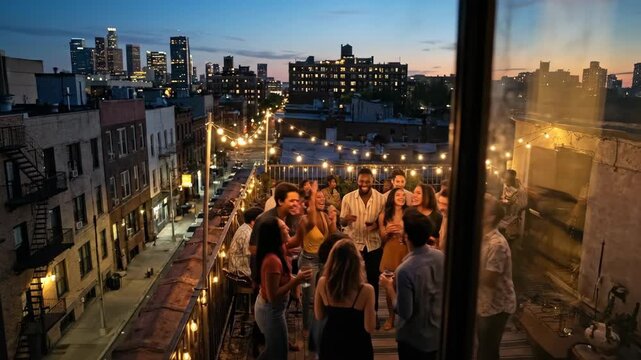 A vibrant rooftop party unfolds at twilight with a cityscape skyline in the background people enjoy music and revelry under festive string lights