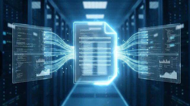 Glowing digital document data flow server room holographic interface network connection information transfer cloud storage data visualization code panel analytics dashboard streaming data to analytic