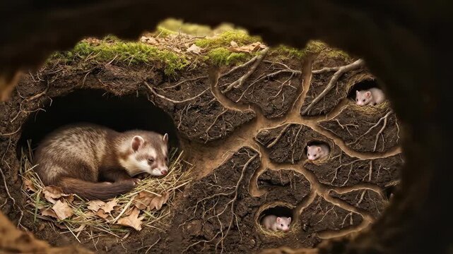 A sleek stoat with white fur on its chest rests near a burrow entrance entangled with exposed tree roots a small rodent is partially visible inside the dark hole