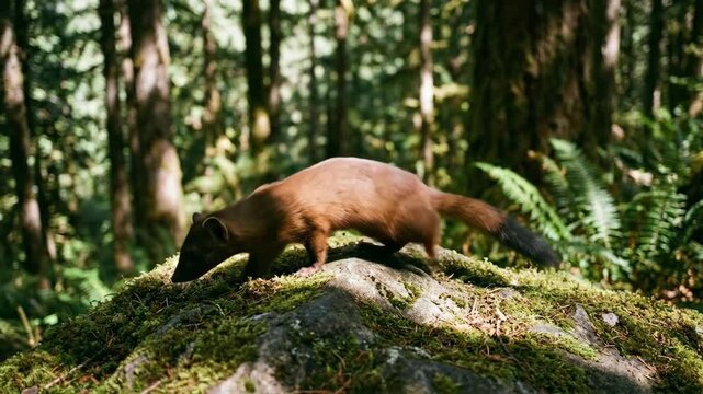 A small brown mink stands alert on a moss covered rock in a lush green forest Sunlight filters through the trees illuminating the scene