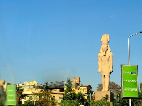 Cairo, Egypt, February 17 2026: The replica of the Ramses II colossus stands on Orouba Street in the Heliopolis district of Cairo, while the original one is in the Grand Egyptian Museum (GEM)
