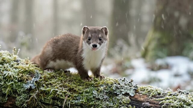 A small stoat with brown fur and a white belly cautiously navigates a moss covered log in a misty winter forest environment