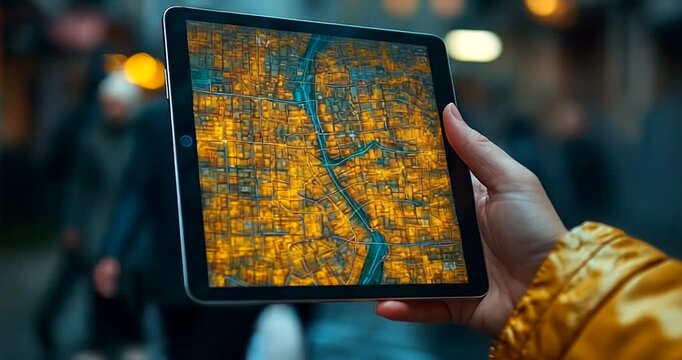 Person holding tablet displaying city map at night