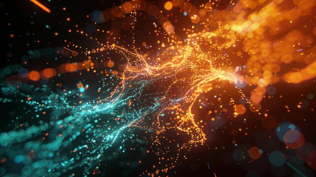 Luminous blue and orange particles collide and swirl against dark backdrop.