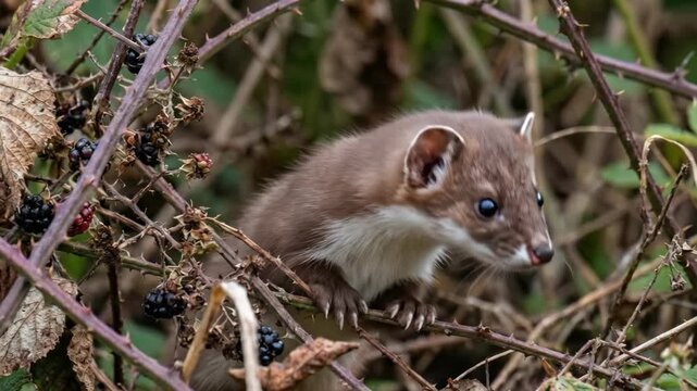 A small curious stoat peeks out from dense thorny undergrowth Its beady eyes are alert The wild creature is camouflaged in its natural habitat