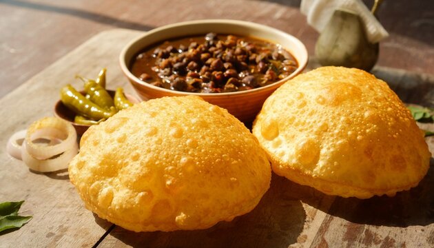People enjoy eating puri bhaji with black chickpeas and green chilies at a restaurant during lunchtime in India
