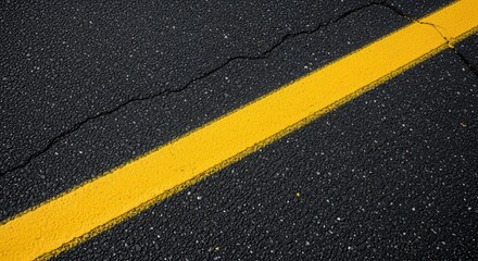Fototapeta premium Solid bright yellow stripe runs diagonally across coarse black pavement surface