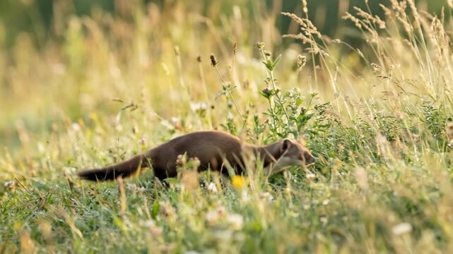 A small brown mammal with a long tail scurries through tall green and golden grasses in a sunlit meadow likely searching for prey or exploring