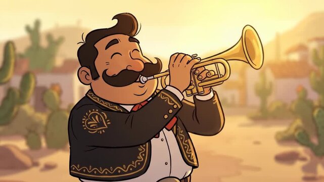 A jovial mariachi musician with a prominent mustache plays a golden trumpet in a desert village bathed in warm sunset light He wears a decorated suit