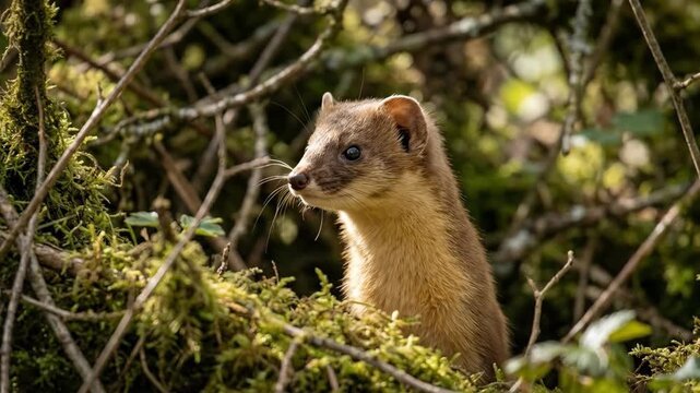 A small brown stoat peeks cautiously from a dense thicket of green foliage Its alert eyes scan the surroundings in the dappled sunlight