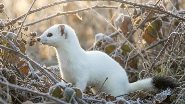 A small white ermine stands alert amidst frosty foliage its dark eyes and tail a sharp contrast to its winter coat