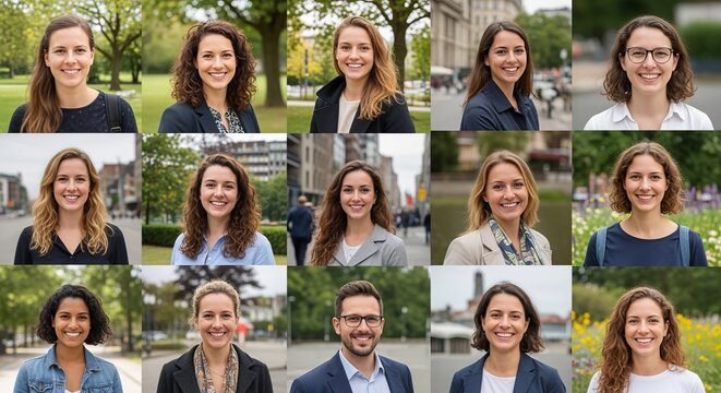 Diverse Group of Friends Smiling Together Outdoors, Enjoying a Sunny Day in the City Park Setting
