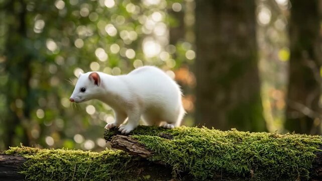 A small white ermine explores a moss covered log in a sun dappled forest Its sharp eyes scan the surroundings alert for any movement in the tranquil woodland