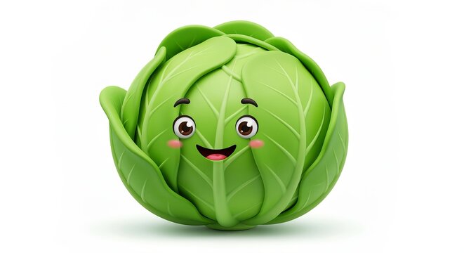 Adorable Cartoon Cabbage Character with Big Expressive Eyes, Soft Green Tones and Friendly Smile