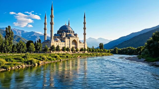 A majestic mosque by a serene river with mountains in the background on a sunny day, ideal for travel brochures