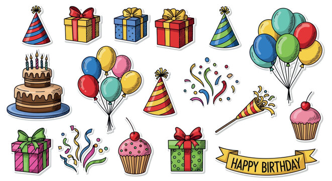 Vibrant birthday celebration elements featuring colorful party hats, gift boxes, festive balloons, a delicious cake, cheerful confetti, and a happy birthday banner ideal for any festive