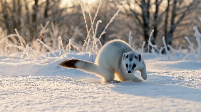 A white stoat runs through a frosty snow covered field during golden hour Its fur blends with the winter landscape while sunlight illuminates the scene