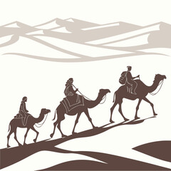 Three camels walking through a desert landscape © rrr