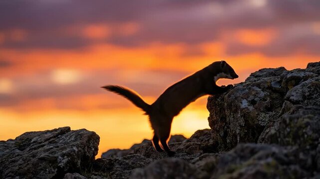 A small dark animal leaps across rocky terrain at sunset The sky blazes with vibrant orange and yellow hues creating a dramatic silhouette