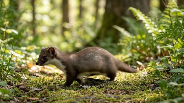 A small wild weasel sits attentively on a sun dappled forest floor surrounded by vibrant green ferns and moss The creature appears alert and curious in its natural woodland habitat