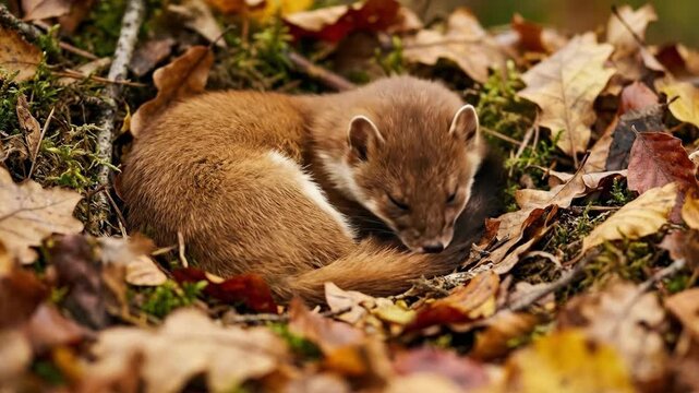 A small brown weasel sleeps curled up amongst fallen autumn leaves in a forest clearing Its fur is warm brown with a white belly The scene evokes peace and nature