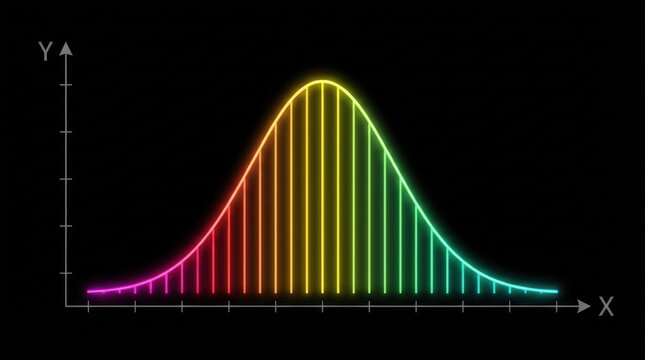Normal distribution curve with rainbow gradient neon bars on black background with axes